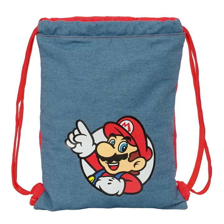 Safta Super Mario Saco Plano - Cierre con Cordones - Bolsillo Interior con Cremallera - 26x34x1cm - Color Rojo y Azul 1