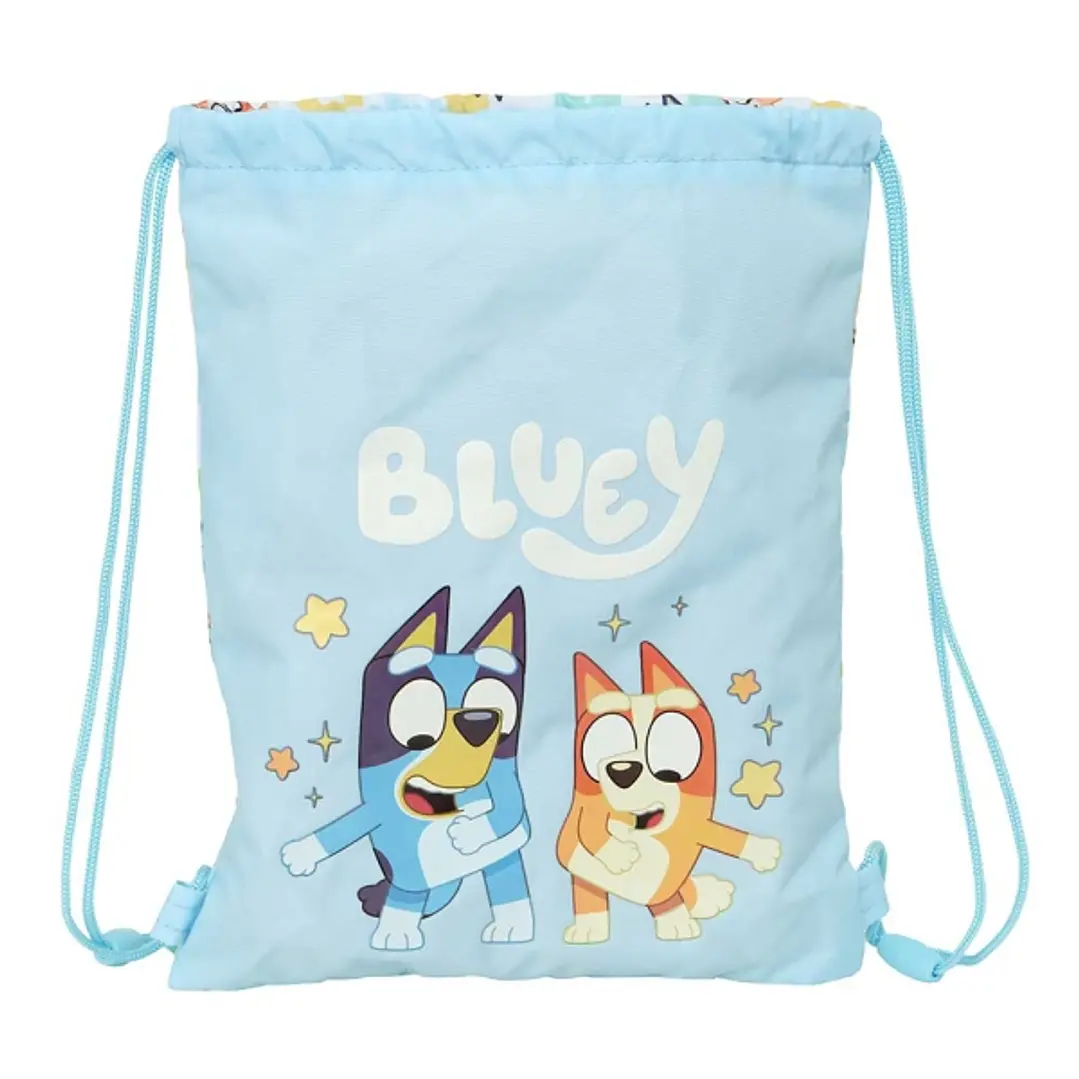 Safta Bluey Ready Saco Plano - Cierre con Cordones - Bolsillo Interior con Cremallera - 26x34x1cm - Color Azul Pastel 1
