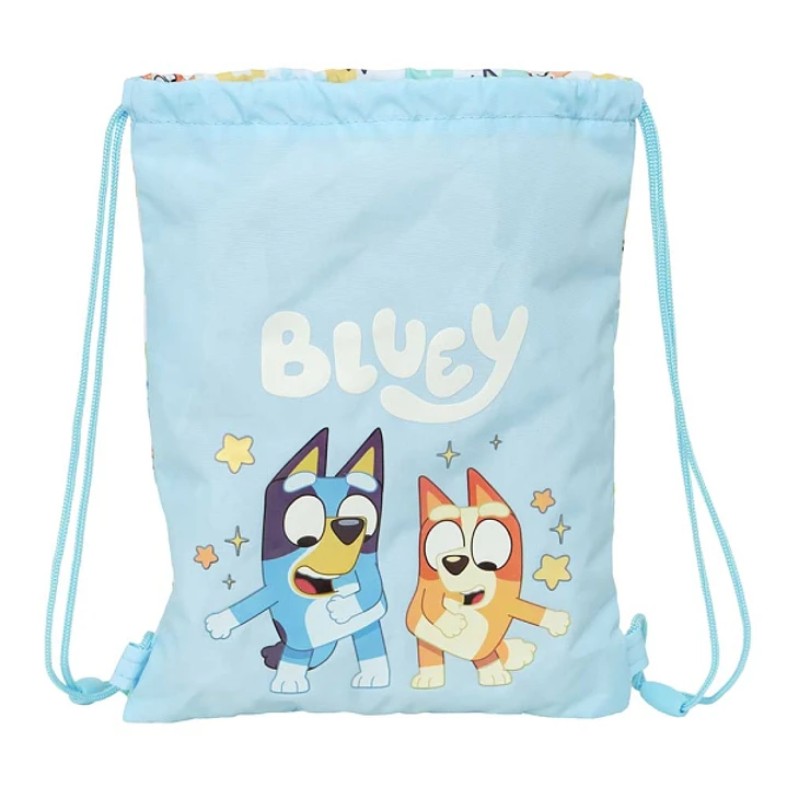 Safta Bluey Ready Saco Plano - Cierre con Cordones - Bolsillo Interior con Cremallera - 26x34x1cm - Color Azul Pastel 1