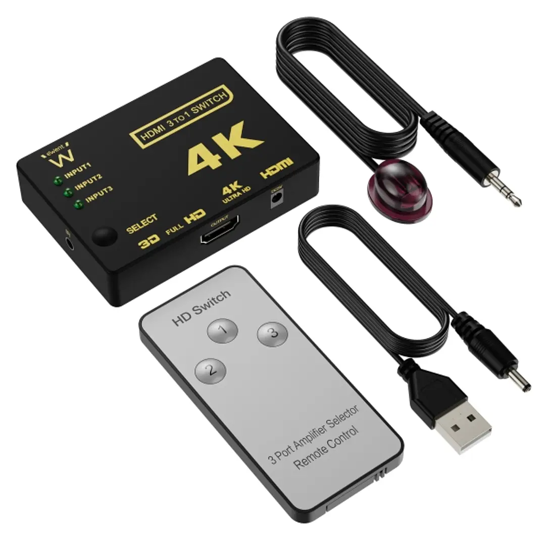 Ewent Switch Conmutador HDMI 3 a 1 - Resolucion 4K - Mando a Distancia - Incluye Cable de Alimentacion e IR - Color Negro 1