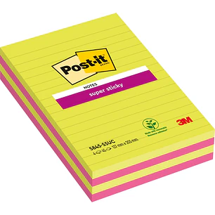 Post-It Super Sticky Pack de 4 Blocs de 45 Notas Grandes Adhesivas Reposicionables - con Lineas - 100% PEFC - Colores Surtidos