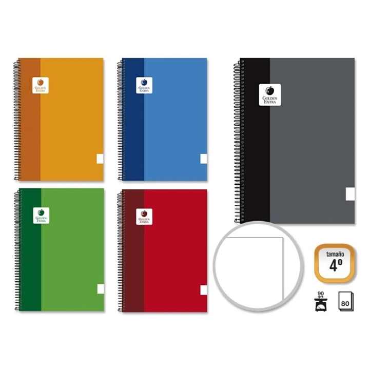 Golden Extra Cuaderno Espiral 4º 80 Hojas 90grs Liso - Margen Remarcado - Tapa Forrada - Colores Surtidos 1
