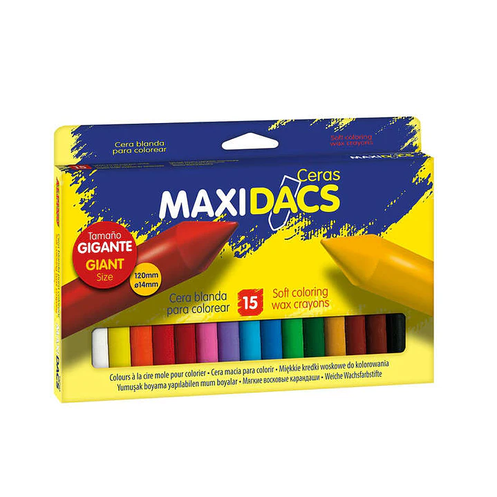 Alpino Maxidacs Pack de 15 Ceras Blandas para Niños - Tamaño Extra Grande 120mm x 14mm - Etiqueta Anti-Manchas - Ideal para Grandes Artistas - Colores 1