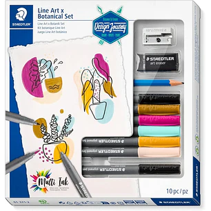 Staedtler Line Art & Botanical Set Design Journey Pack con 6 Rotuladores Pigment Art en Colores Surtidos, Lapiz, Goma de Borrar y Afilalapices