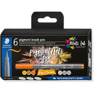 Staedtler 371 Pack de 6 Rotuladores Punta de Pincel Suave - Colores Vivos y Brillantes - No Amarillea con el Paso del Tiempo - Nueva Tinta Multi Ink -