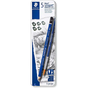 Staedtler Mars Lumograph Aquarell 100A Pack de 5 Lapices de Grafito + Pincel - Resistencia a la Rotura - Graduaciones Surtidas