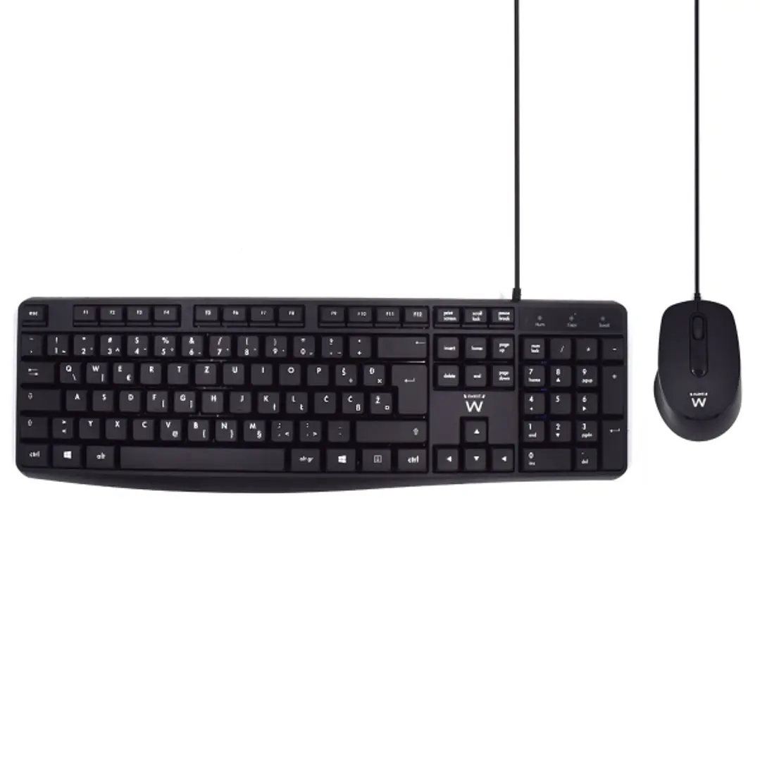 Ewent Pack Teclado + Raton para Oficina - Teclas Silenciosas de Perfil Bajo - 1000dpi - Disposicion Inglesa QWERTY US - Cable de 1.35m - Teclas Silenc 1