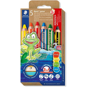 Staedtler Noris Junior Pack de 5 Lapices de Colores Extragruesos + Sacapuntas - 3 en 1, Lapiz, Cera y Acuarelable - Colores Surtidos