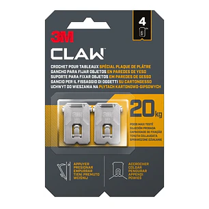 3M Claw Pack de 4 Ganchos de Metal para Paredes de Yeso - Soporta hasta 20kg - Color Gris/Titanio