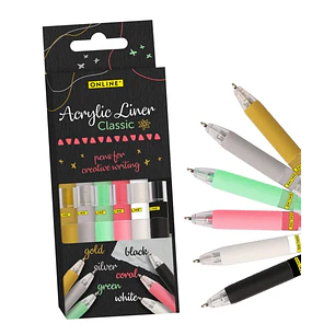 Online Classic Pack de 6 Boligrafos Retractiles - Tinta Acrilica - Punta Fina de 1mm - Colores Surtidos