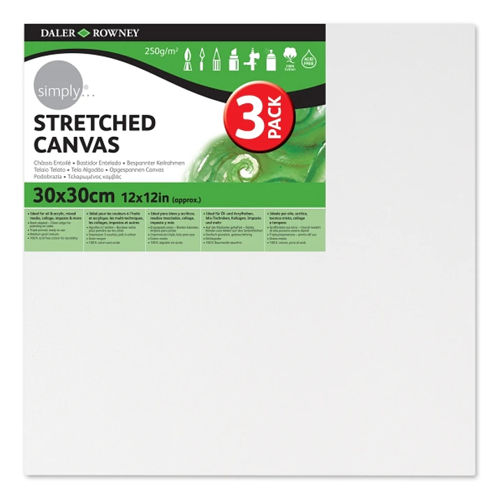 Daler Rowney Simply Pack de 3 Bastidores Entelados- 30x30cm - Imprimacion Triple - Grano Medio - 100% Algodon sin Acido - 250g - Color Blanco 1