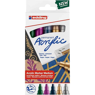 Edding 5100 Acrylic Pack de 5 Rotuladores Permanentes Acrilicos Metalizados - Punta Redonda 2-3mm - Trazo Medio - Resistente a la Luz - Secado Rapido 