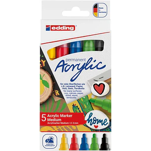 Edding 5100 Acrylic Pack de 5 Rotuladores Permanentes Acrilicos - Punta Redonda 2-3mm - Trazo Medio - Resistente a la Luz - Secado Rapido - Colores Su