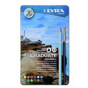 Lyra Graduate Pack de 12 Lapices de Colores Acuarelables con 1 Pincel Incluido - Hexagonal - Estuche de Metal - Colores Surtidos