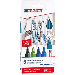 Edding 4500 Colores Frios Pack de 5 Rotuladores Permanentes para Textil - Punta Redonda - Trazo 2-3mm - Olor Neutro - Secado Rapido - Colores Negro, A
