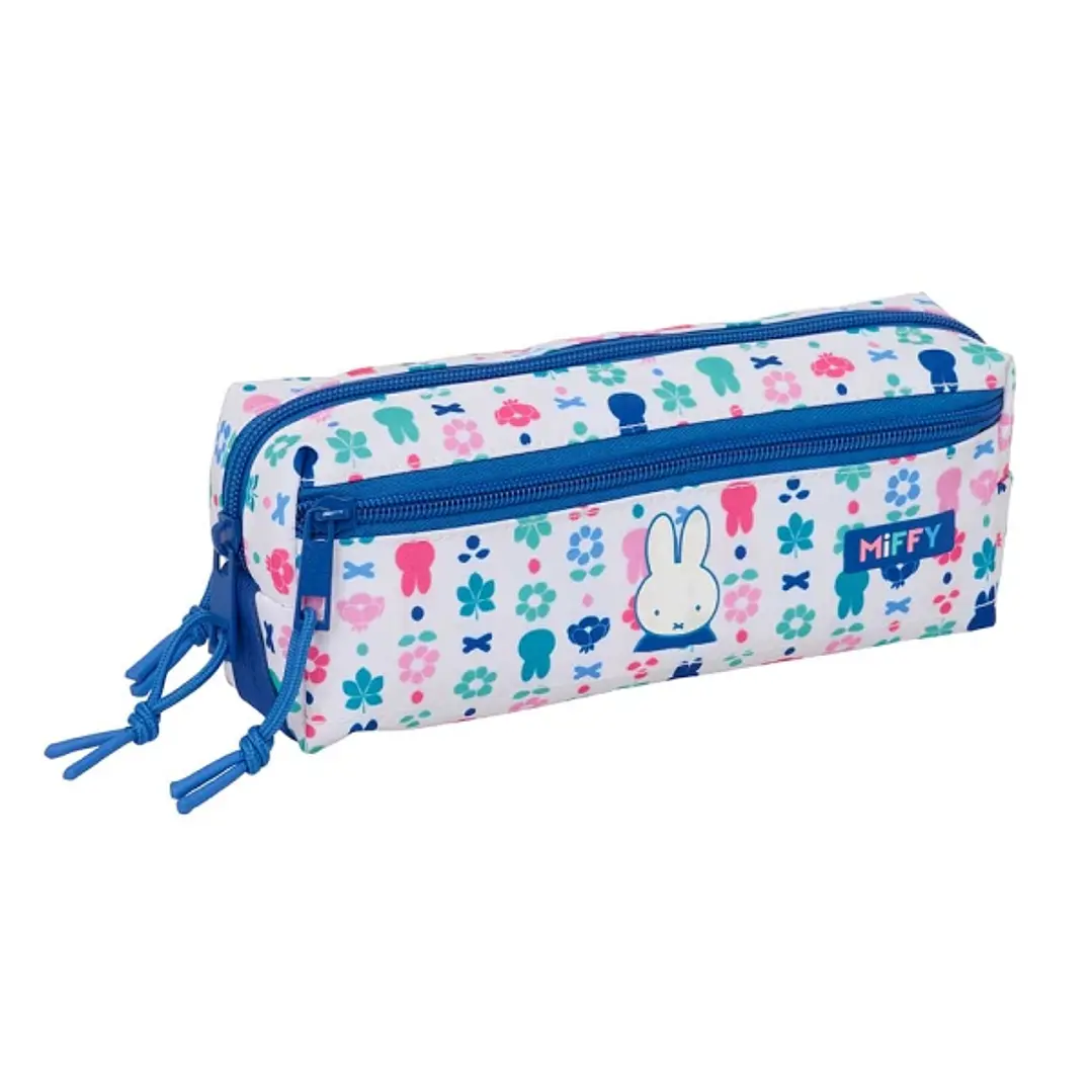 Safta Miffy Bunny Portatodo - 3 Compartimentos con Cremallera - Goma Elastica - Compacto - 22x8.5x6cm - Color Blanco y Azul 1