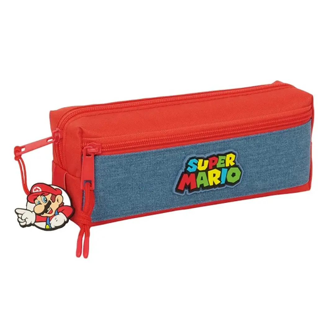 Safta Super Mario Portatodo - 3 Compartimentos con Cremallera - Goma Elastica - Compacto - 22x8.5x6cm - Color Rojo y Azul 1