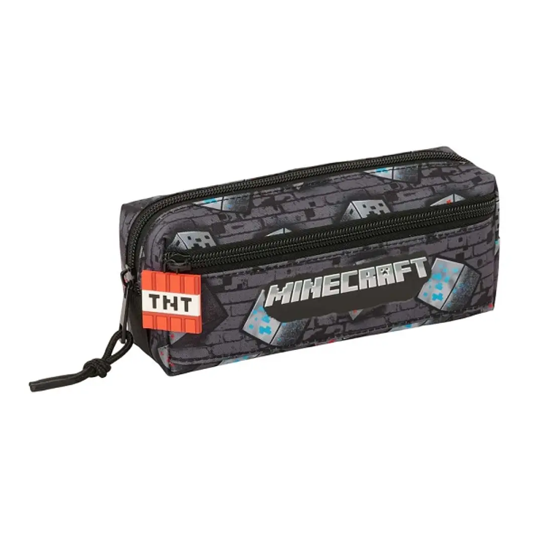 Safta Minecraft Graffiti Portatodo - 3 Compartimentos con Cremallera - Goma Elastica - Compacto - 22x8.5x6cm - Color Gris 1