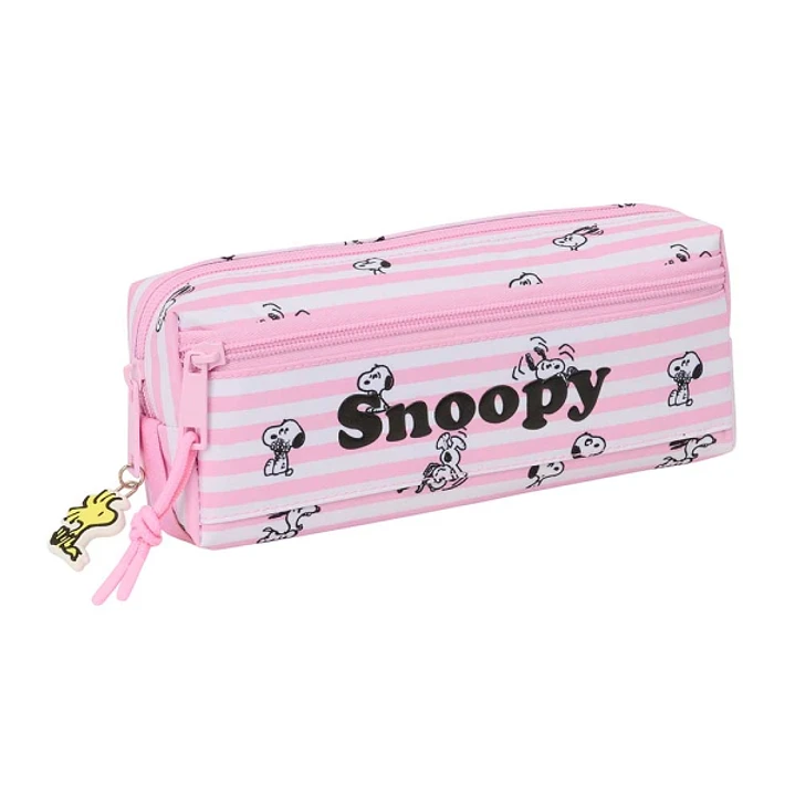 Safta Snoopy Portatodo - 3 Compartimentos con Cremallera - Goma Elastica - Compacto - 22x8.5x6cm - Color Rosa 1