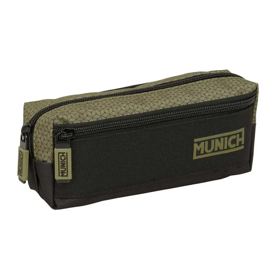 Safta Munich West Portatodo - 3 Compartimentos con Cremalleras - Goma Elastica - 0.98L - 220x60x85mm - Color Negro y Verde 1