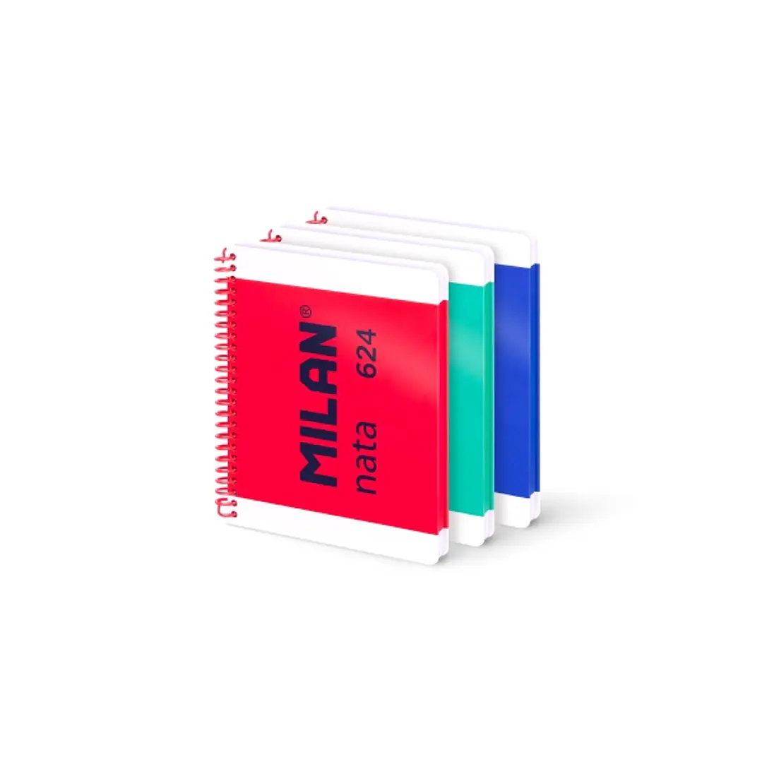 Milan Nata 624 Pack 3 Cuadernos A5 con Espiral - Cuadriculado - 80 Hojas de 95Gr - Tapa Dura - Colores Surtidos 1