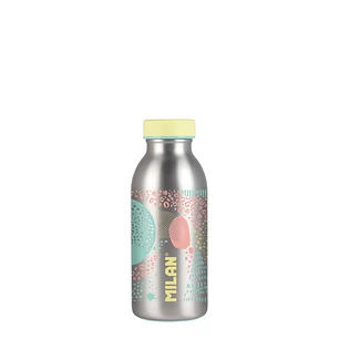 Milan Serie Silver Botella Isotermica 0.35L - Doble Pared de Acero Inoxidable - Liquidos Calientes hasta 12h, Frios hasta 24h - Color Plata/Amarillo