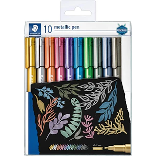 Staedtler Metallic Pen Pack de 10 Rotuladores de Punta Fina - Trazo 1 - 2mm Aprox - Tinta Base de Agua - Colores Surtidos