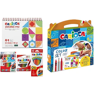 Carioca Color Set Pack con 12 Ceras, 12 Rotuladores y 12 Lapices de Colores + Bloc de Dibujo A4 - Colores Surtidos