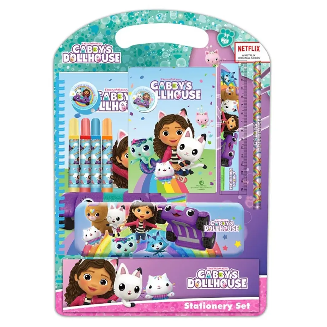Safta Gabby's Dollhouse Confetti Pack Escolar con Plumier Metalico - Lapiz - 4 Rotuladores - Regla 15cm - Sacapuntas - Goma - Libreta A4 - Bloc de Not 1