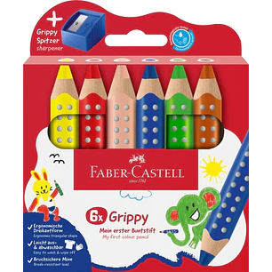 Faber-Castell Grippy Pack con 6 Lapices de Colores Gruesos Mina XXL Suave + Sacapuntas - Forma Triangular con Grip - Colores Surtidos