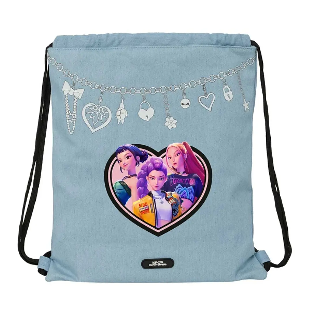 Safta K-Pop Demon Hunters Huntr/X Saco Plano - Cierre con Cordones - Bolsillo Interior con Cremallera - 35x40x1cm - Color Azul Claro 1