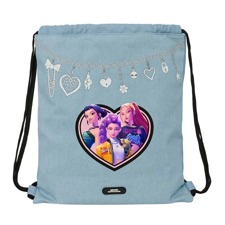 Safta K-Pop Demon Hunters Huntr/X Saco Plano - Cierre con Cordones - Bolsillo Interior con Cremallera - 35x40x1cm - Color Azul Claro 1