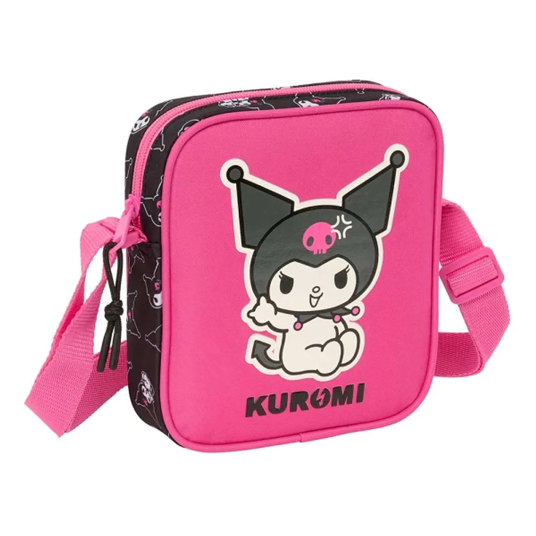 Safta Kuromi Bolsito con Bandolera - 1L - Material Duradero - Ideal para Uso Diario - 160x40x180mm - Color Negro y Rosa 1