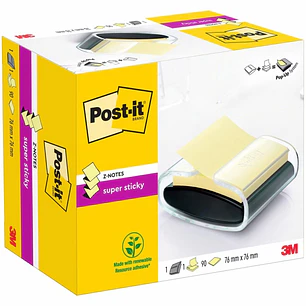 Post-It Super Sticky Dispensador con Bloc de 90 Z-Notas Adhesivas - Dispensador Pro - Forma Cuadrada - 76x76mm - Color Negro