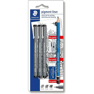 Staedtler Pigment Liner 308 Pack de 3 Rotuladores Calibrados Negros, Trazos Surtidos + 1 Goma de Borrar + 1 Sacapuntas + 1 Lapiz 2B - Color Negro