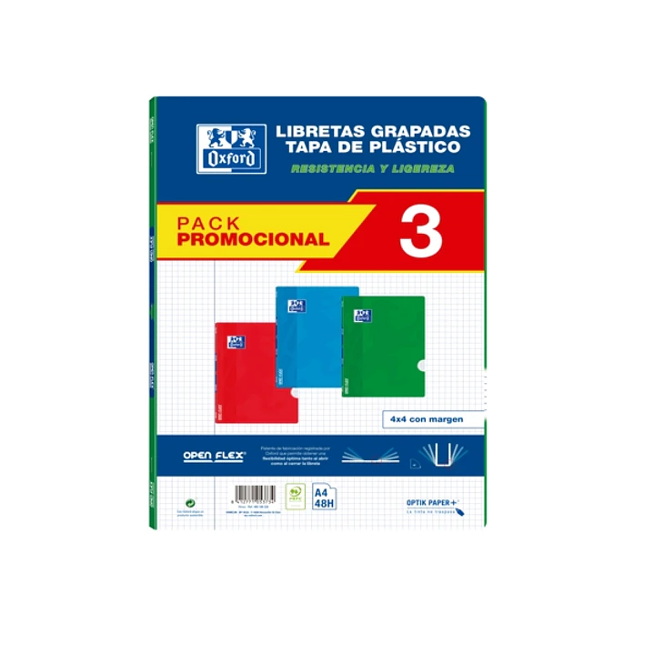 Oxford School Classic Pack 3 - Libreta Grapada Openflex - Tapa de Plastico A4 - 4x4 con Margen - 48 Hojas - 3 Colores 1
