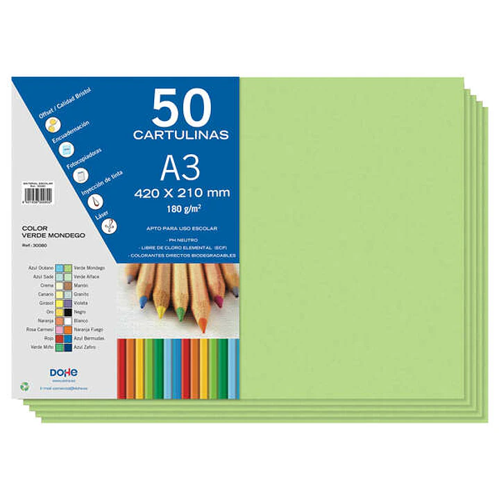 Dohe Pack de 50 Cartulinas A3 de 180gr - Con PH Neutro - Libres de Cloro Elemental - Color Verde Mondego 1