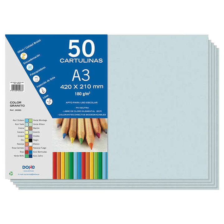 Dohe Pack de 50 Cartulinas A3 de 180gr - Con PH Neutro - Libres de Cloro Elemental - Color Granito 1