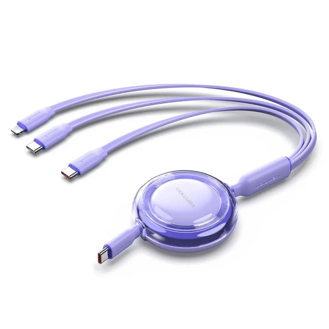 Vention Cable USB Multiple - Potencia Maxima 100W - Retractil - Longitud Ajustable hasta 1.1m - USB-A - 2xUSB-C - Lightning - Velocidad hasta 480Mbps  1