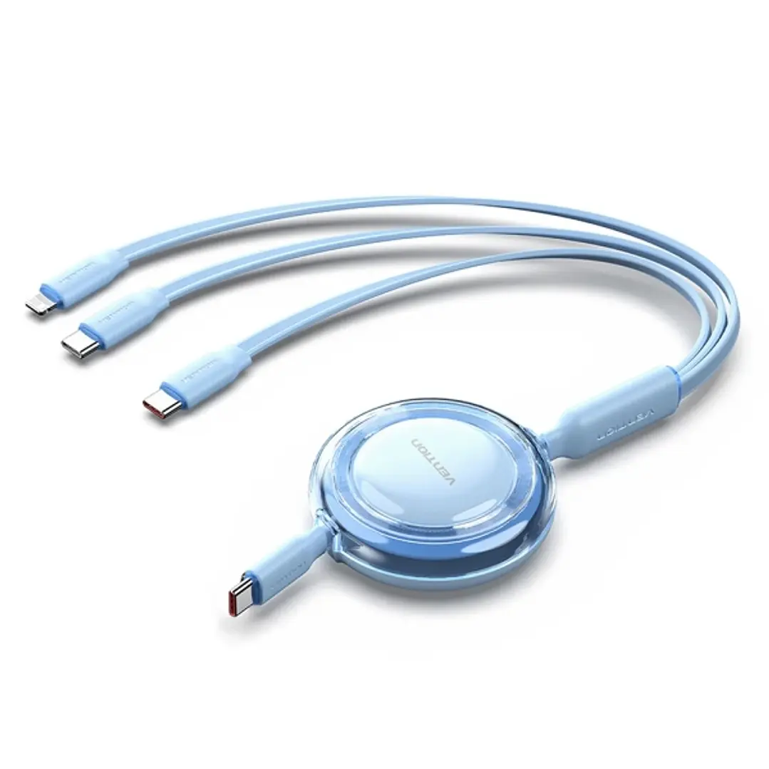 Vention Cable USB Multiple - Potencia Maxima 100W - Retractil - Longitud Ajustable hasta 1.1m - USB-A - 2xUSB-C - Lightning - Velocidad hasta 480Mbps  1