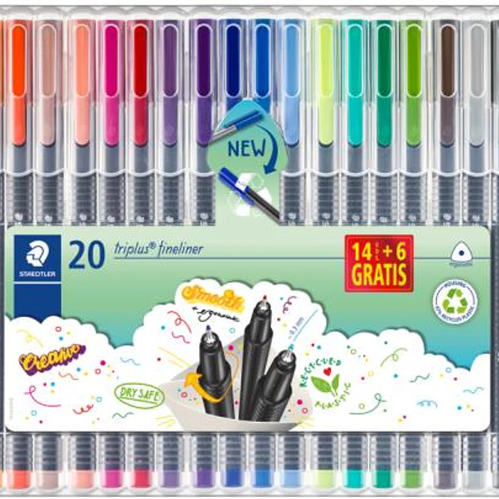 Staedtler Triplus Fineliner 334 Pack de 20 Rotuladores de Punta Fina - Trazo 0.3 mm Aprox - Tinta Base de Agua - 97% de Plastico Reciclado - Colores S 1