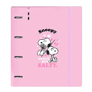 Safta Snoopy Carpeta de 4 Anillas de 35mm - Recambio de 100 Hojas A4 - Cuadricula de 5x5mm - 90g/m2 - Solapa Portadocumentos - Goma Elastica - 27x32x4