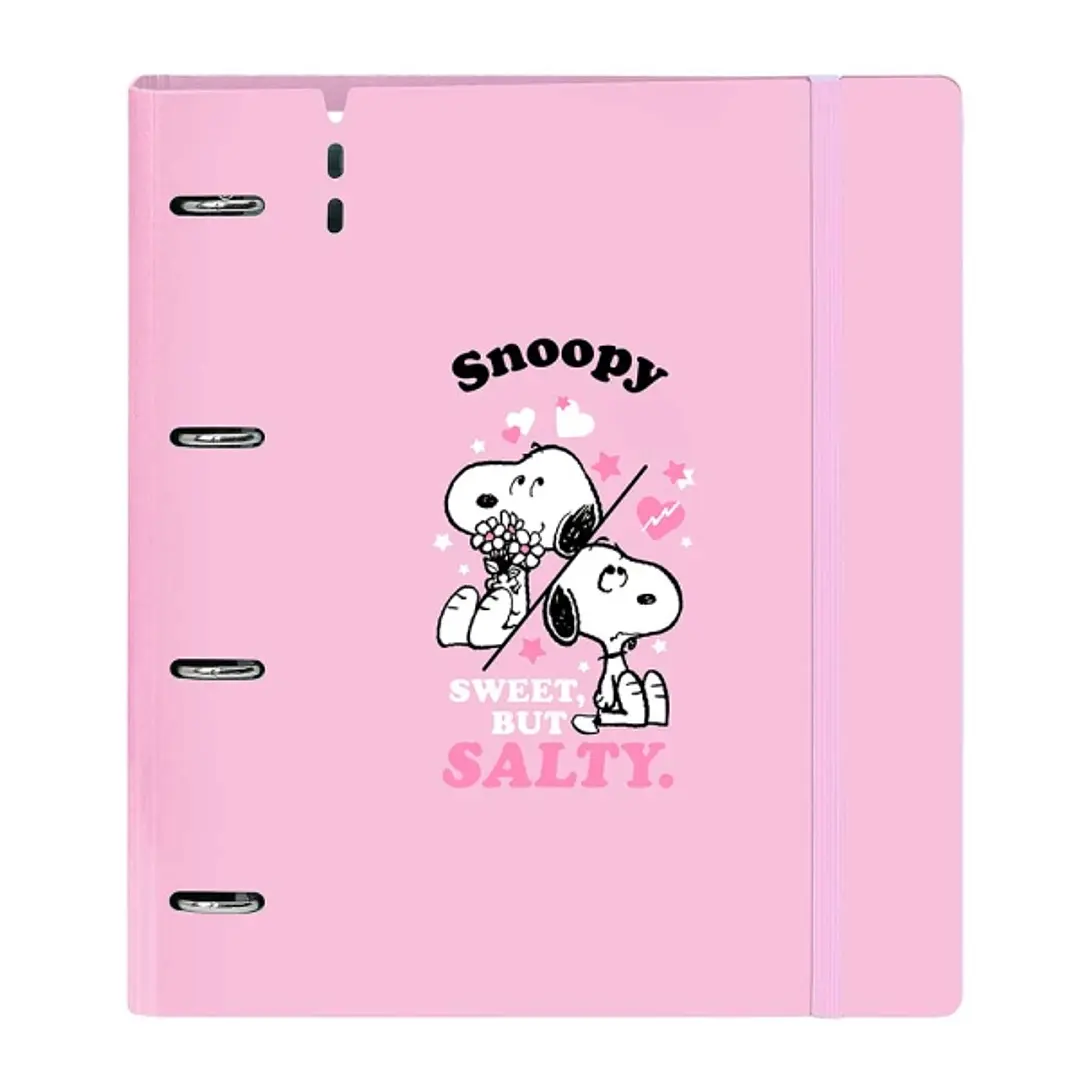 Safta Snoopy Carpeta de 4 Anillas de 35mm - Recambio de 100 Hojas A4 - Cuadricula de 5x5mm - 90g/m2 - Solapa Portadocumentos - Goma Elastica - 27x32x4 1