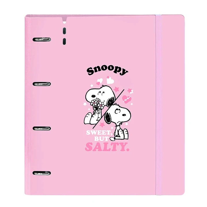 Safta Snoopy Carpeta de 4 Anillas de 35mm - Recambio de 100 Hojas A4 - Cuadricula de 5x5mm - 90g/m2 - Solapa Portadocumentos - Goma Elastica - 27x32x4 1