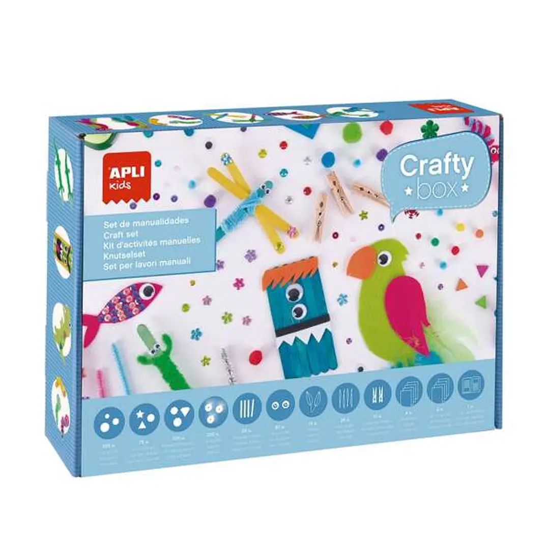 Apli Kids Pack de Manualidades con Pompones, Formas de Goma EVA, Piedras Fantasia Adhesivas, Lentejuelas, Palos de Madera, Ojos Moviles, Plumas, Limpi 1