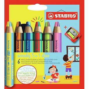 Stabilo Woody 3 en 1 Duo Pack de 6 Lapices de Colores + Sacapuntas - Mina 2 Colores XXL 10mm - Lapiz de Color, Cera  Acuarela, Todo en Uno - Colores S