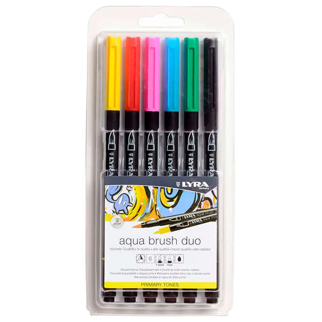Lyra Aqua Brush Duo Basic Tones Pack 6 Rotuladores de Doble Punta - Punta Pincel 4mm, Punta Fina 2mm - Tinta Base de Agua - Colores Basicos Surtidos 1