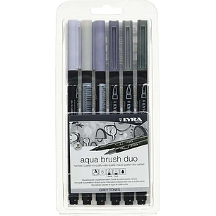 Lyra Aqua Brush Duo Pack 6 Rotuladores de Doble Punta - Trazos 1-5 y 1mm - Tinta Base de Agua - Colores Tonos Grises