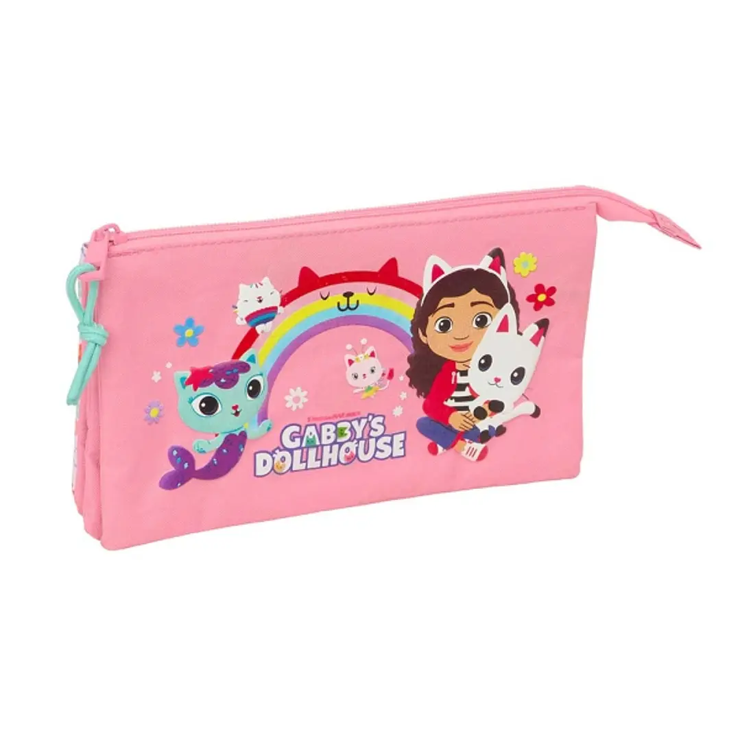 Safta Gabby's Dollhouse Portatodo - 3 Compartimentos con Cremallera - Bolsillo Interior Central - 22x12x3cm - Color Rosa 1