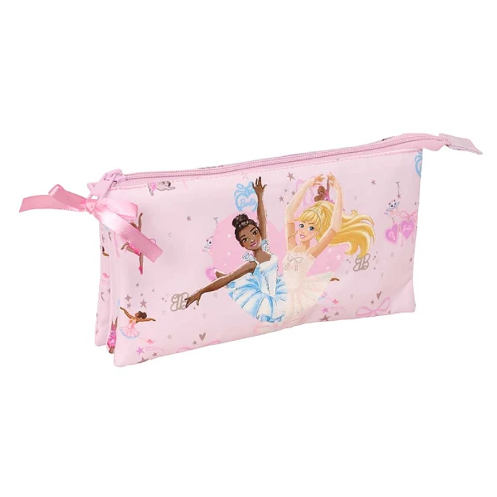 Safta Barbie Ballet Portatodo - 3 Compartimentos con Cremallera - Bolsillo Interior Central - 22x12x3cm - Color Rosa 1